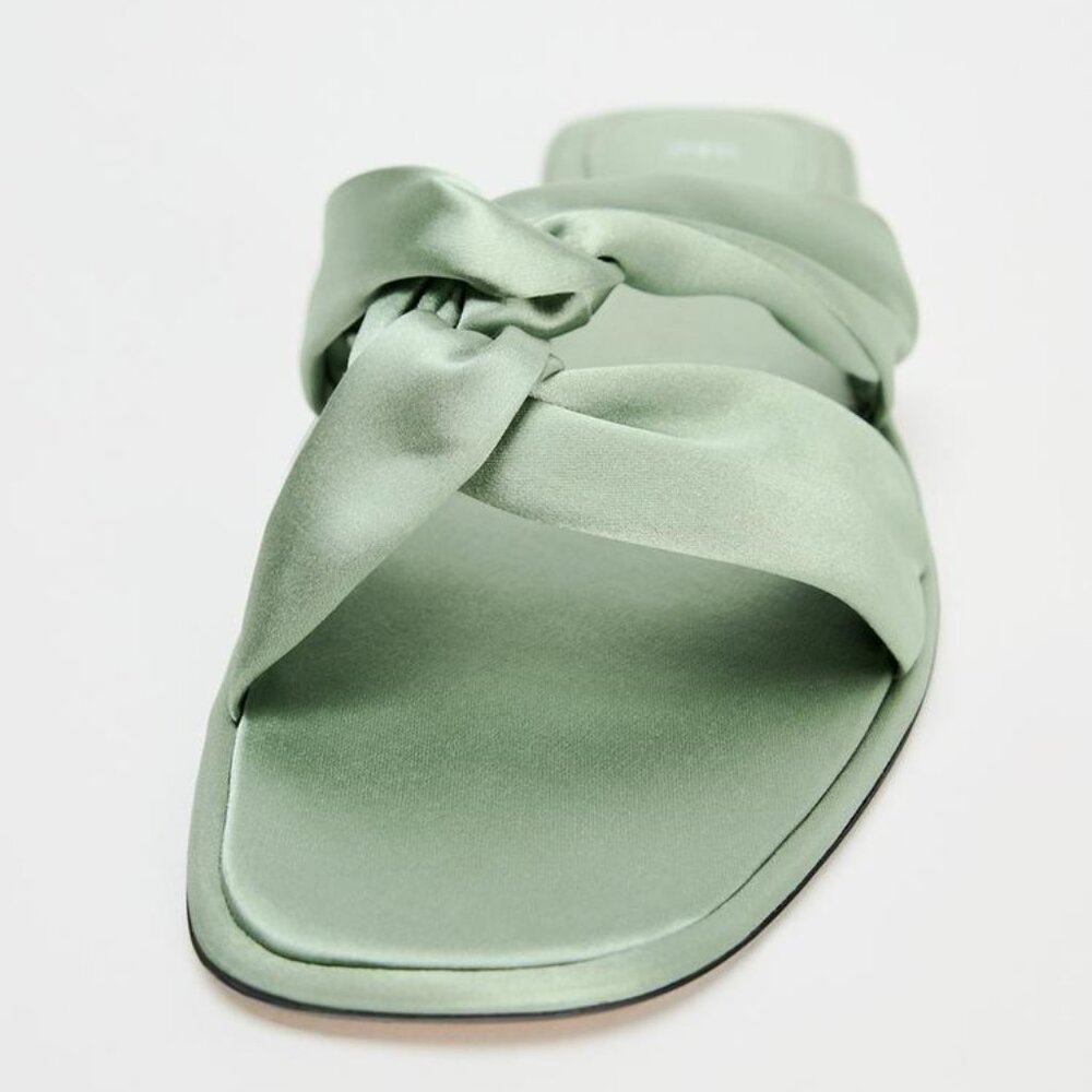 ZARA Knotted Flat Sandals Satin Flip Flops Green Bow Slippers size 39 US 8.5 - Picture 4 of 12